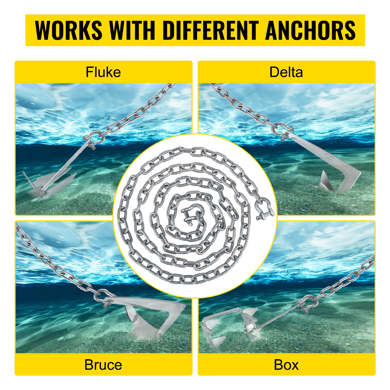 Cadena de ancla VEVOR compatible con anclas Fluke, Delta, Bruce y Box bajo el agua.
