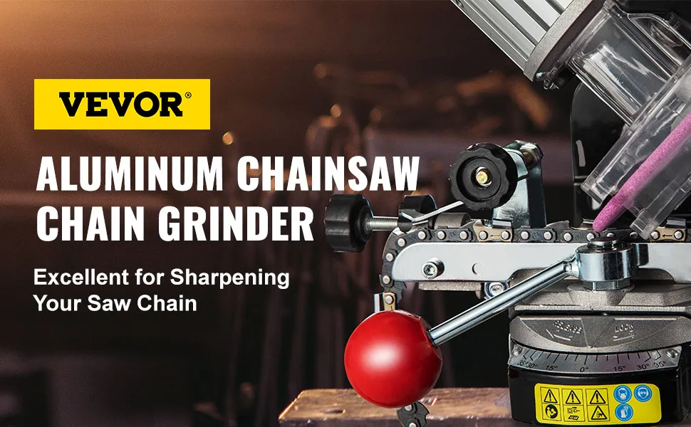 VEVOR electric chainsaw sharpener showcasing aluminum chain grinder with red handle.