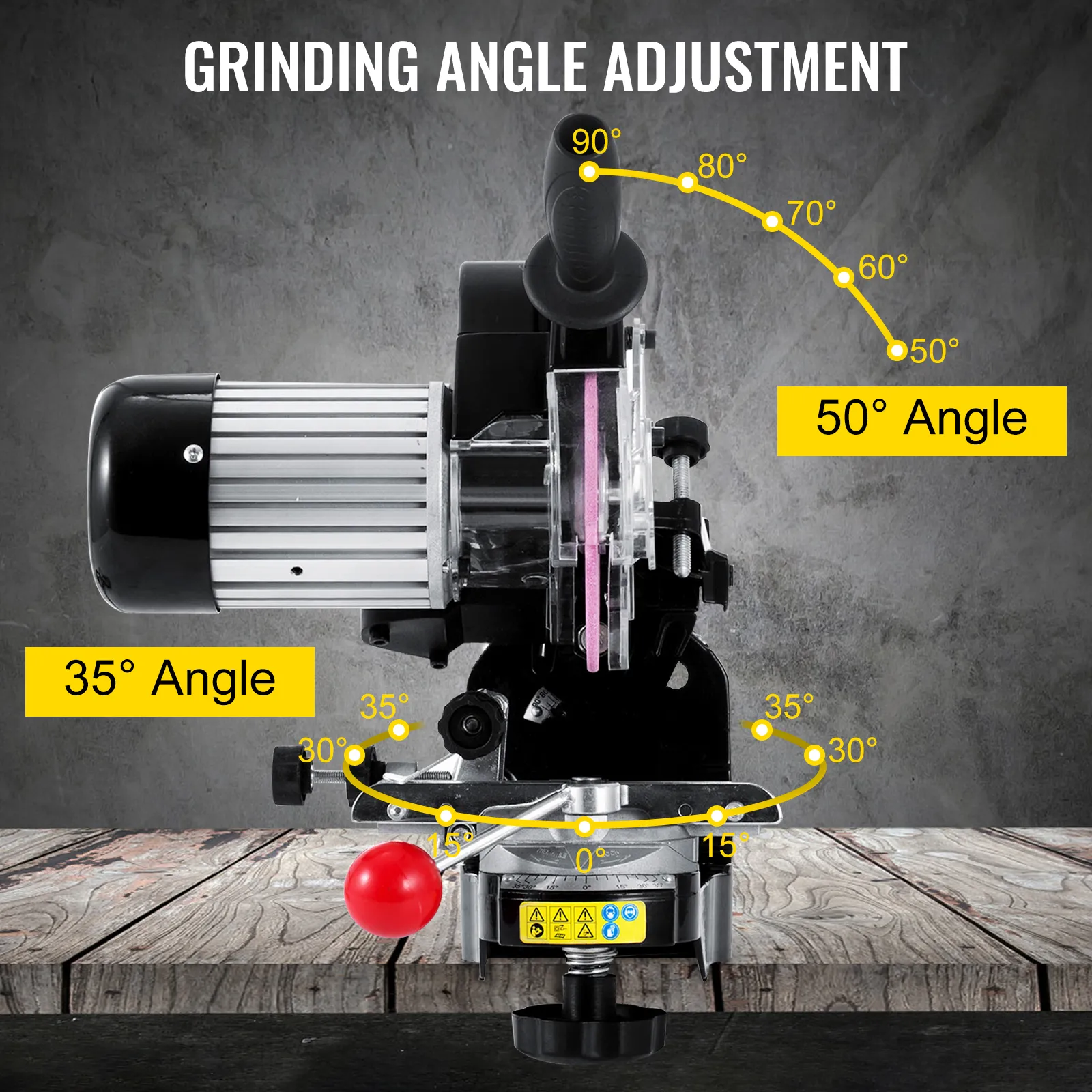 VEVOR electric chainsaw sharpener with adjustable grinding angles from 30° to 90°.
