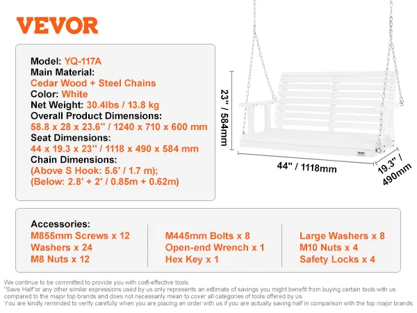 VEVOR wooden porch swing, white, cedar wood, steel chains, dimensions: 58.8 x 28 x 23.6 inches.
