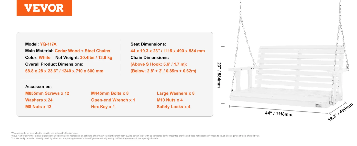 VEVOR wooden porch swing, white, cedar wood, steel chains, dimensions: 58.8 x 28 x 23.6 inches.