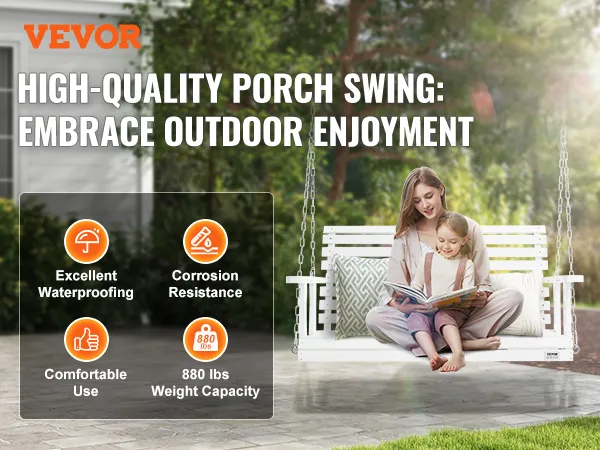 VEVOR wooden porch swing with comfortable cushions, waterproofing, corrosion resistance, and 880 lbs capacity.