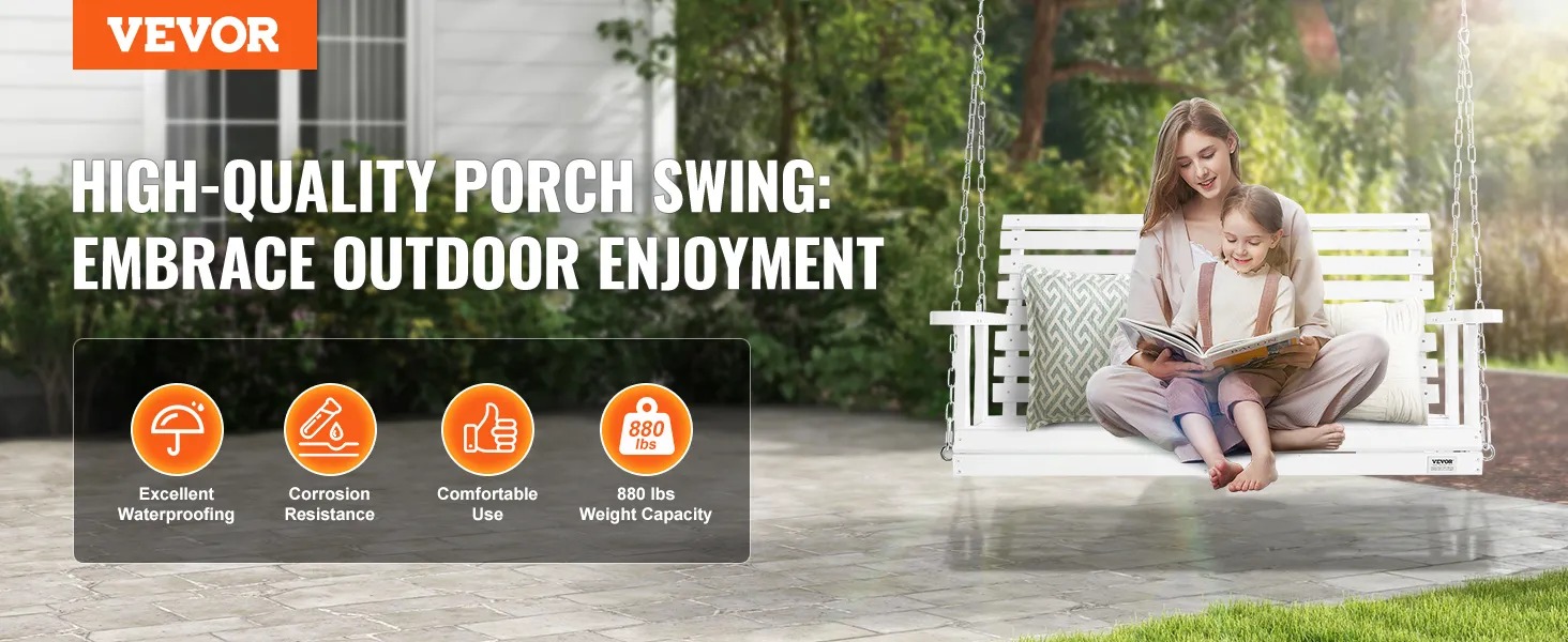 VEVOR wooden porch swing with comfortable cushions, waterproofing, corrosion resistance, and 880 lbs capacity.