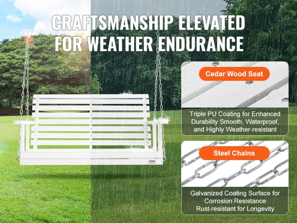 VEVOR wooden porch swing with cedar wood seat, steel chains, and weather-resistant features in a park.