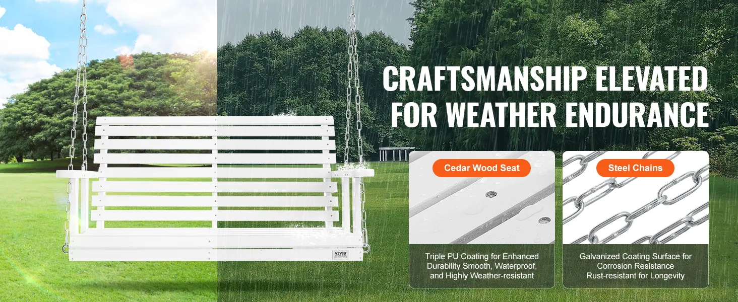 VEVOR wooden porch swing with cedar wood seat, steel chains, and weather-resistant features in a park.