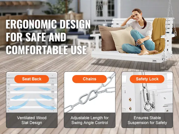 VEVOR wooden porch swing with ergonomic slat design, adjustable chains, and safety lock on a cozy patio.