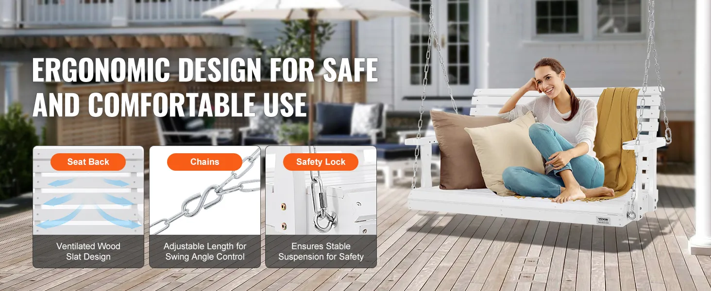 VEVOR wooden porch swing with ergonomic slat design, adjustable chains, and safety lock on a cozy patio.