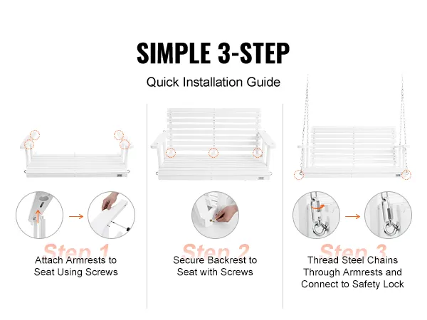 simple 3-step guide showing installation of VEVOR wooden porch swing with armrests, backrest, and chains.