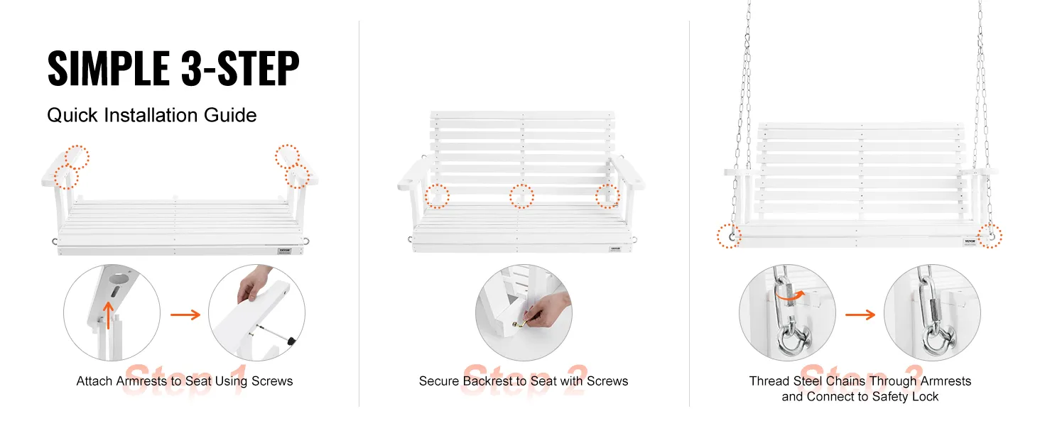 simple 3-step guide showing installation of VEVOR wooden porch swing with armrests, backrest, and chains.