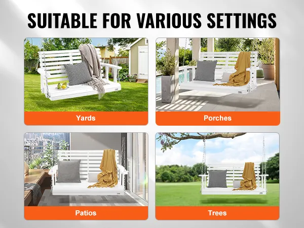 VEVOR wooden porch swing shown in yards, porches, patios, and trees with cushions and blankets. suitable for various settings.