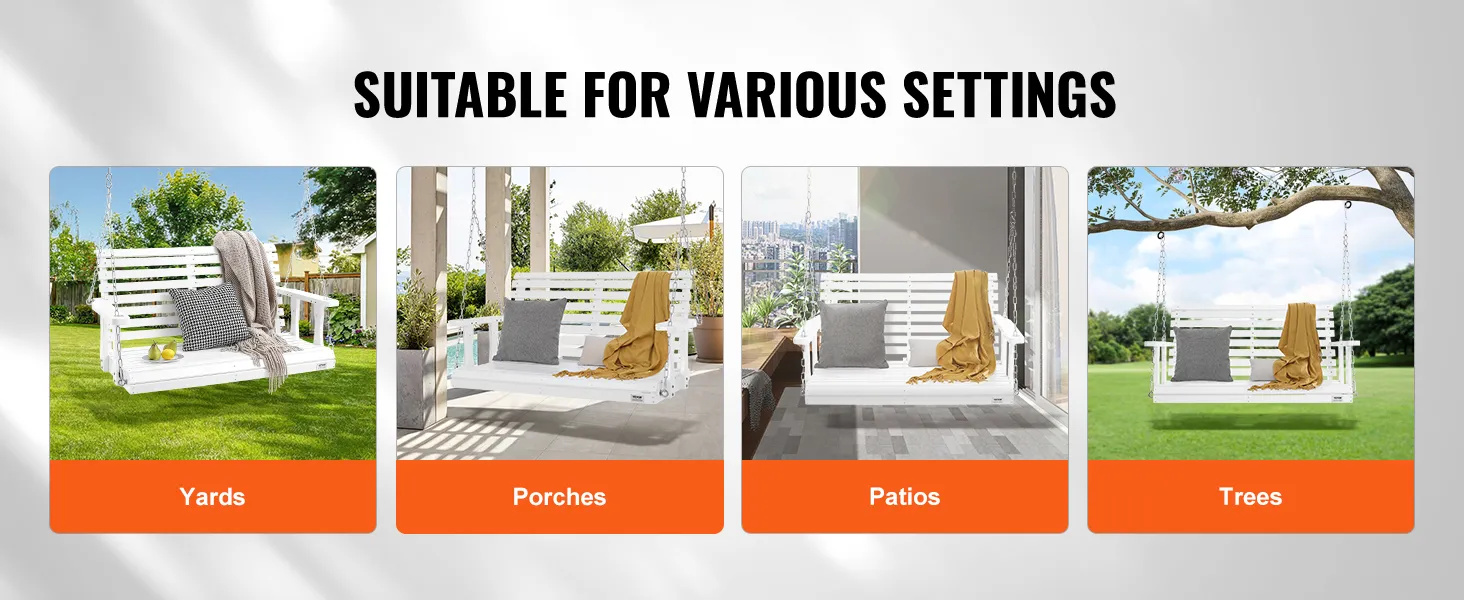VEVOR wooden porch swing shown in yards, porches, patios, and trees with cushions and blankets. suitable for various settings.