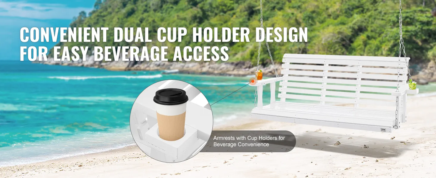Columpio de porche de madera VEVOR con portavasos dobles sobre un fondo de playa, ideal para la comodidad de las bebidas.