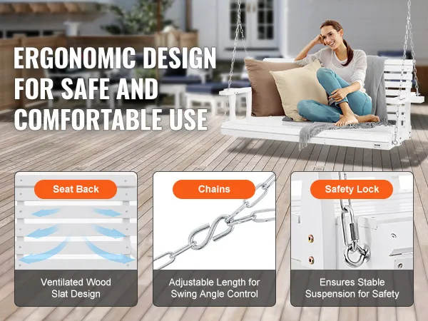 Columpio de porche de madera VEVOR sobre plataforma con asiento ergonómico y ventilado, cadenas ajustables y cierre de seguridad.