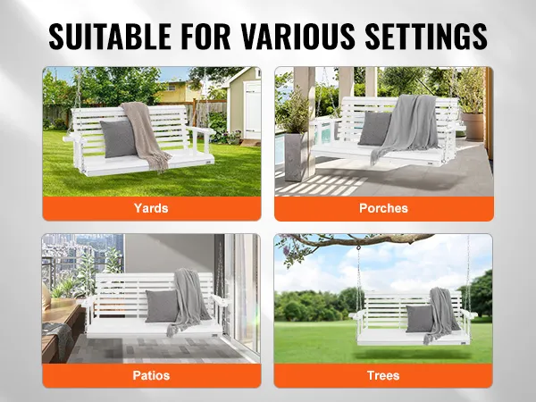 Columpio de porche de madera VEVOR adecuado para patios, porches, terrazas y árboles con un elegante diseño blanco.
