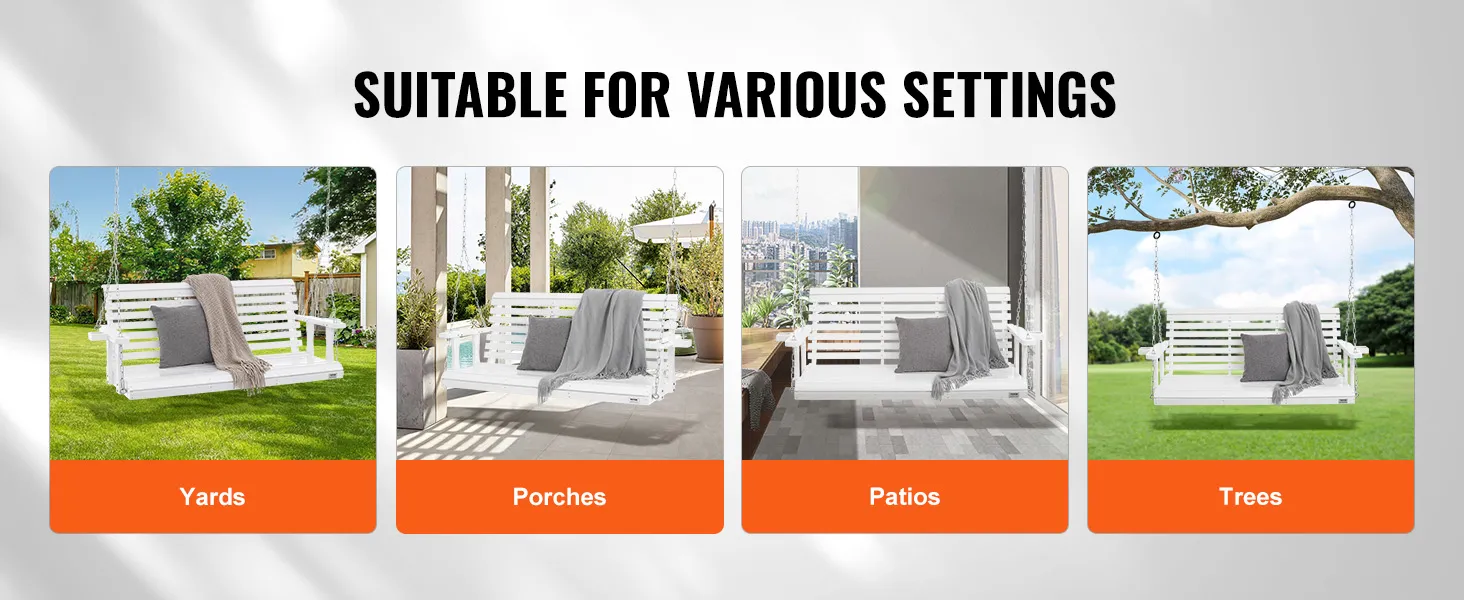 Columpio de porche de madera VEVOR adecuado para patios, porches, terrazas y árboles con un elegante diseño blanco.