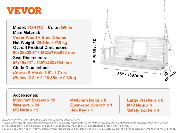 VEVOR-Verandaschaukel aus Holz mit weißem Zedernholz, Stahlketten und abgebildeten Zubehördetails. Abmessungen: 55 x 19 Zoll.