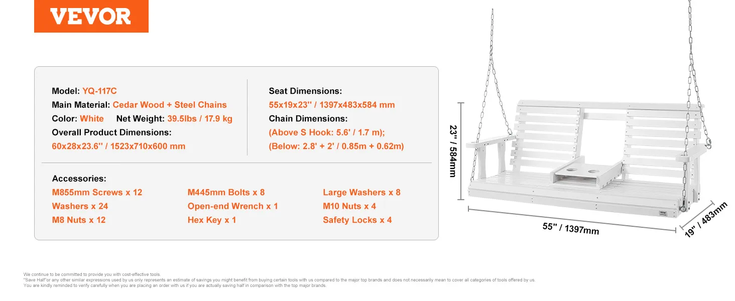 VEVOR-Verandaschaukel aus Holz mit weißem Zedernholz, Stahlketten und abgebildeten Zubehördetails. Abmessungen: 55 x 19 Zoll.