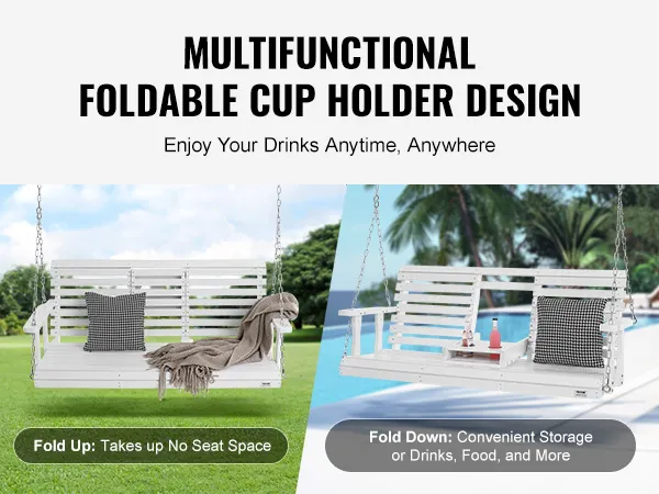 VEVOR-Verandaschaukel aus Holz mit faltbarem Getränkehalter, Kissen, Decke und Garten- und Poolhintergrund.