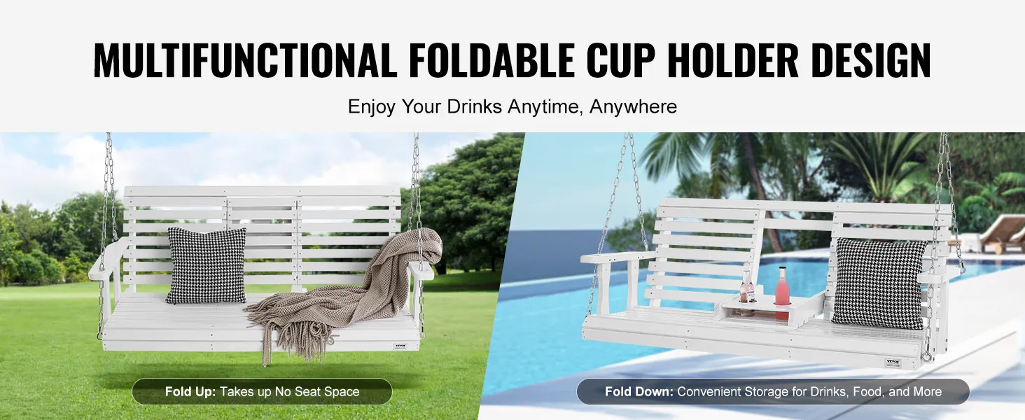 VEVOR-Verandaschaukel aus Holz mit faltbarem Getränkehalter, Kissen, Decke und Garten- und Poolhintergrund.