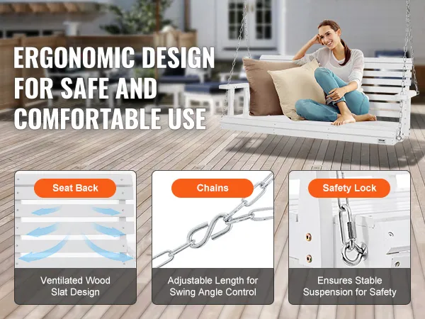 VEVOR-Verandaschaukel aus Holz mit ergonomischem Design, belüfteten Holzlatten, verstellbaren Ketten und Sicherheitsschloss.