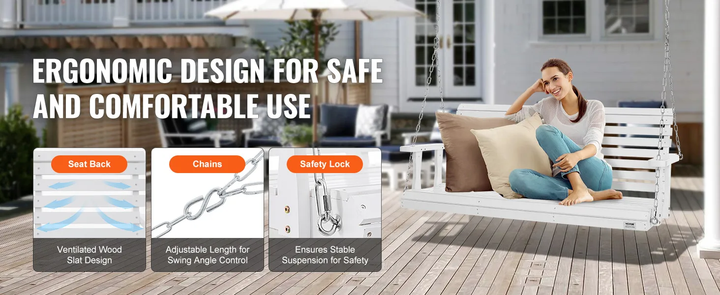 VEVOR-Verandaschaukel aus Holz mit ergonomischem Design, belüfteten Holzlatten, verstellbaren Ketten und Sicherheitsschloss.