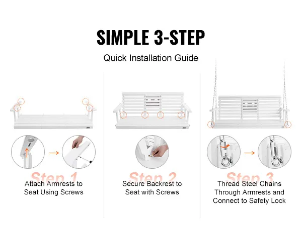 Einfache 3-Schritt-Anleitung zum Zusammenbau der hölzernen VEVOR-Verandaschaukel: Armlehnen anbringen, Rückenlehne sichern, Ketten verbinden.