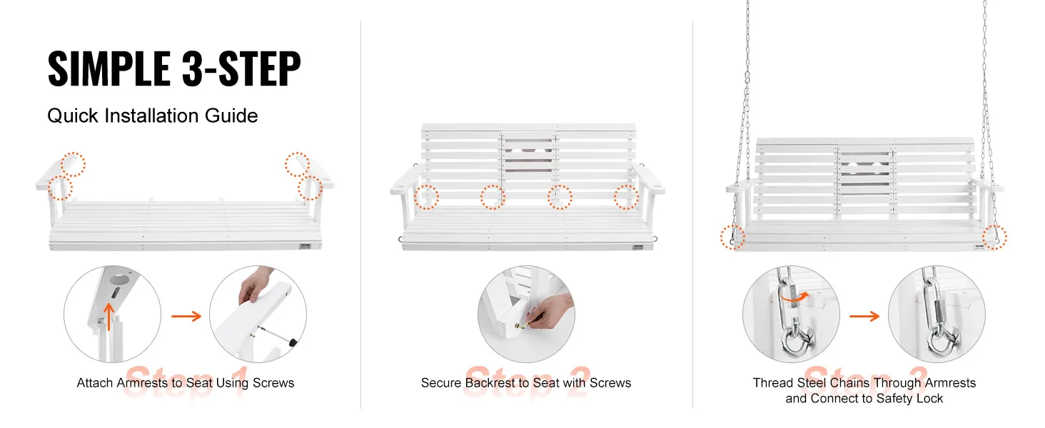 Einfache 3-Schritt-Anleitung zum Zusammenbau der hölzernen VEVOR-Verandaschaukel: Armlehnen anbringen, Rückenlehne sichern, Ketten verbinden.