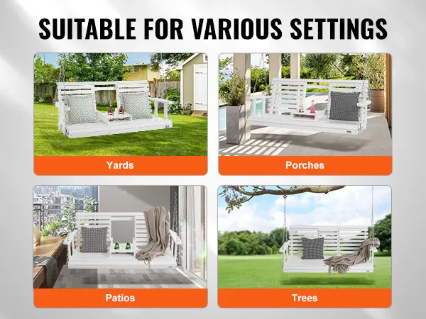 VEVOR-Holzschaukel für die Veranda in verschiedenen Umgebungen: Höfe, Veranden, Terrassen und Bäume.