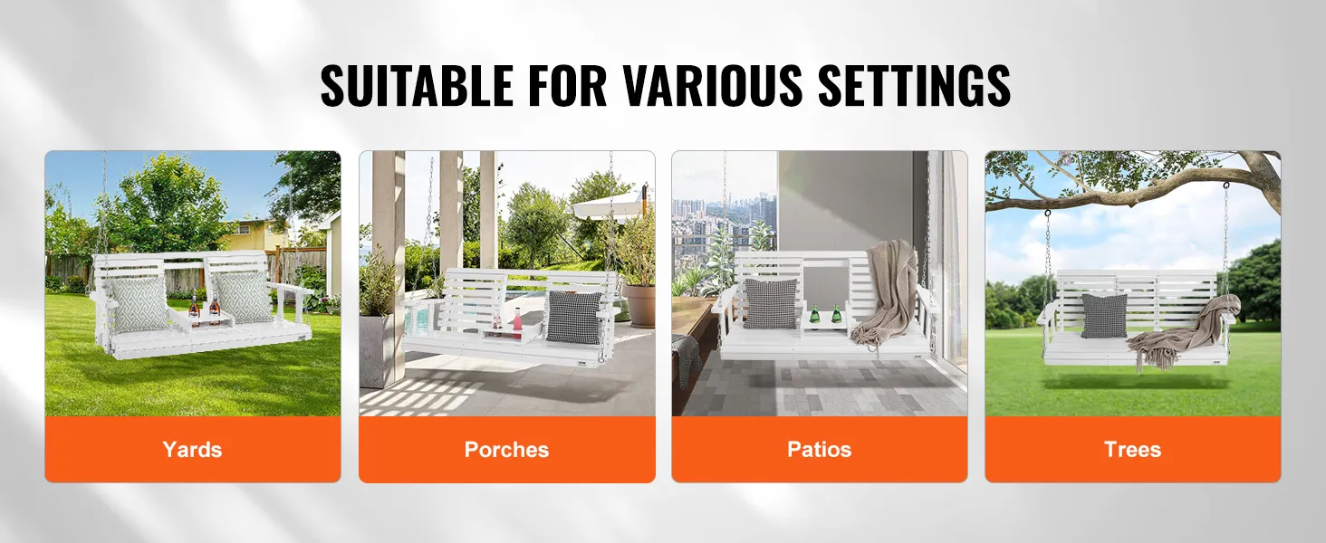 VEVOR-Holzschaukel für die Veranda in verschiedenen Umgebungen: Höfe, Veranden, Terrassen und Bäume.