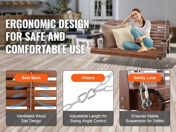 Columpio de porche de madera VEVOR con diseño de listones de madera ventilados, cadenas ajustables y cerradura de seguridad.