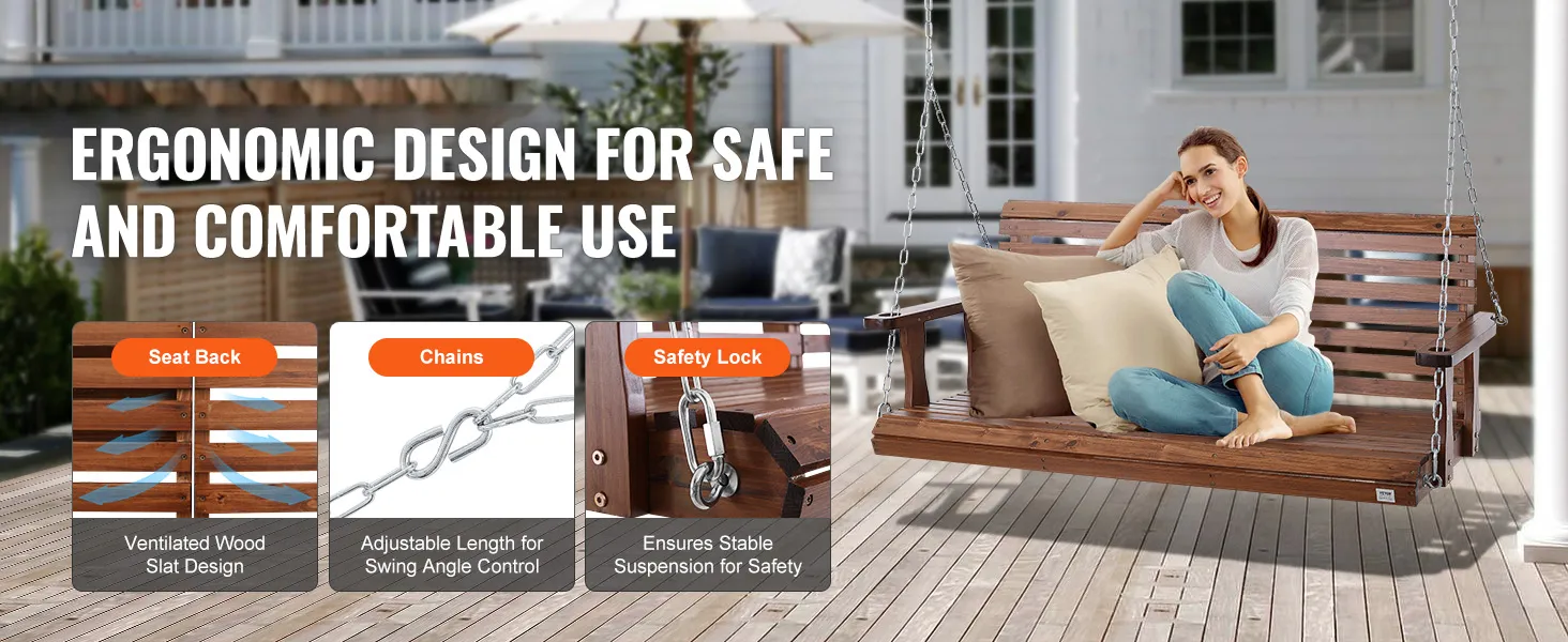 Columpio de porche de madera VEVOR con diseño de listones de madera ventilados, cadenas ajustables y cerradura de seguridad.