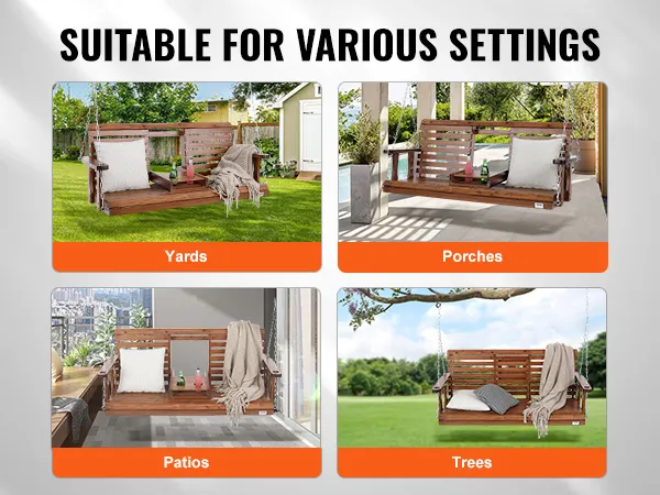 Columpio de porche de madera VEVOR en varios entornos: patios, porches, terrazas y árboles para una relajación versátil.