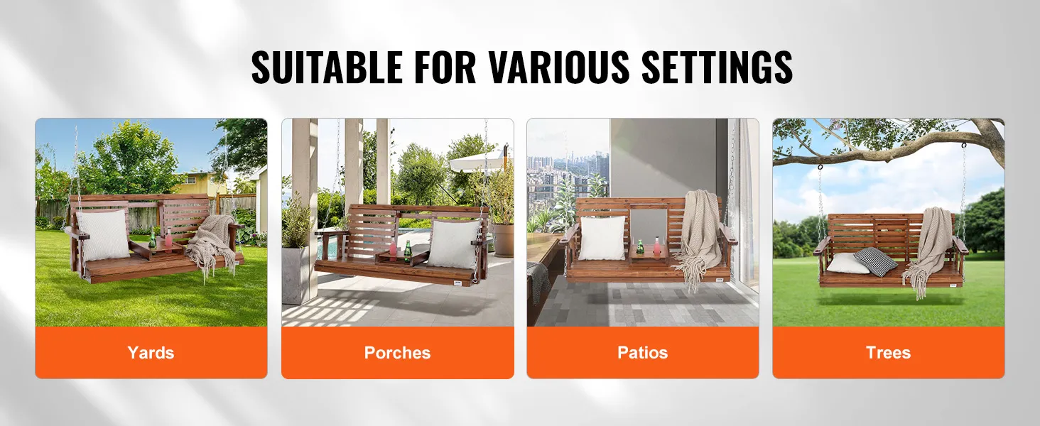 Columpio de porche de madera VEVOR en varios entornos: patios, porches, terrazas y árboles para una relajación versátil.