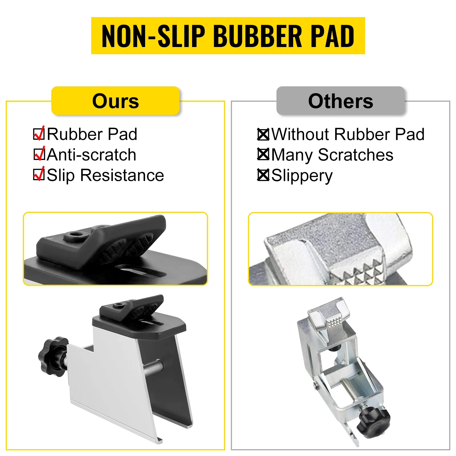 VEVOR tire changer adapter comparison: rubber pad vs. scratchy and slippery alternative.