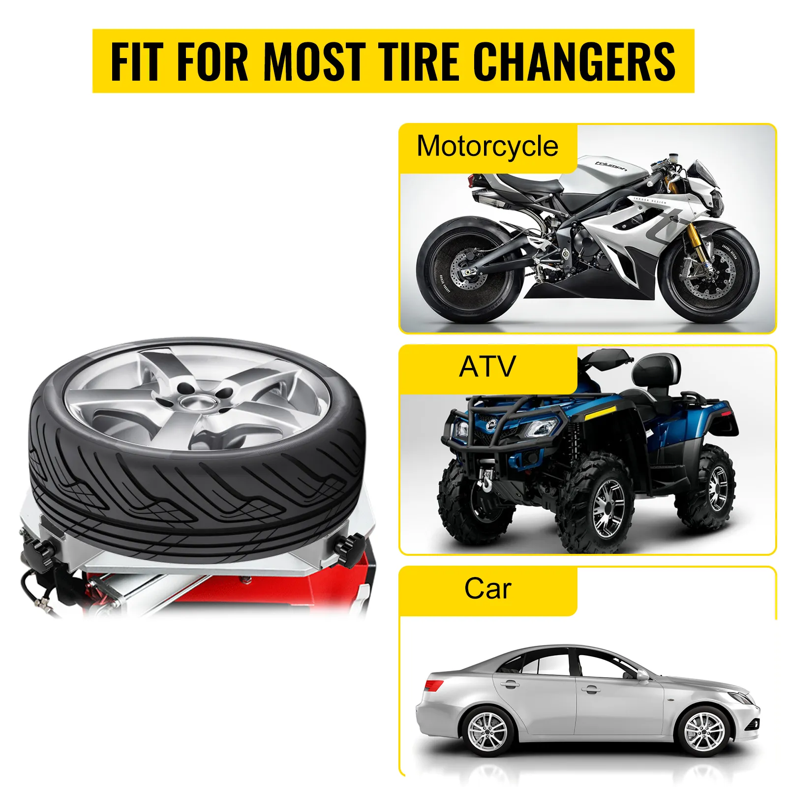 VEVOR tire changer adapter fits motorcycle, atv, and car wheels.