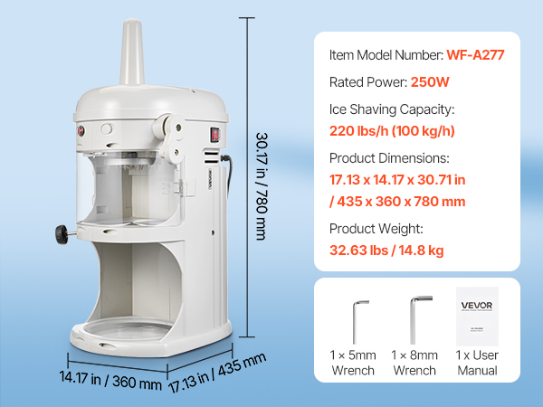 VEVOR Commercial Shaved Ice Machine – 220lbs/hr, 250W Power