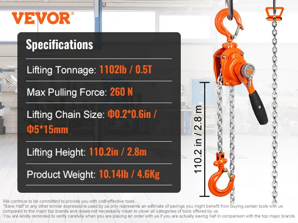 VEVOR manual lever chain hoist, 0.5t capacity, 110.2in lifting height in a workshop with specifications.