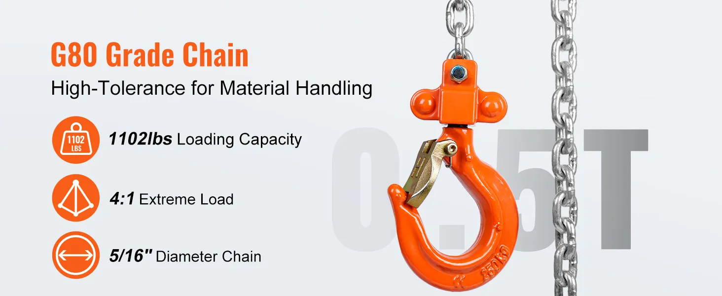 g80 grade chain, 1102lbs load, 4:1 extreme, 5/16" diameter - VEVOR manual lever chain hoist.