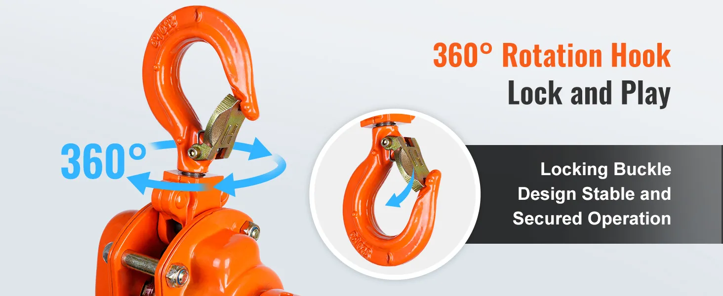 360° rotation hook with locking buckle design on VEVOR manual lever chain hoist for stable operation.