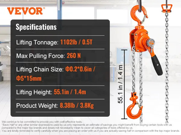 VEVOR chain hoist specifications display with lifting capacity, product weight, and lifting height.