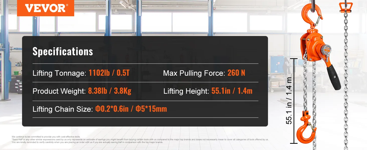 VEVOR chain hoist specifications display with lifting capacity, product weight, and lifting height.