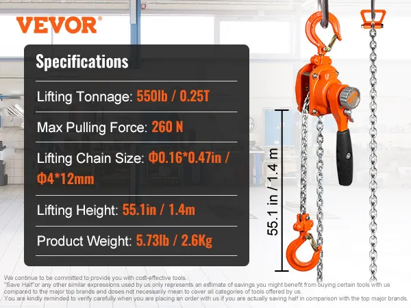 VEVOR manual lever chain hoist in warehouse, specs include 550lb capacity, 55.1in lift height, and 260n force.