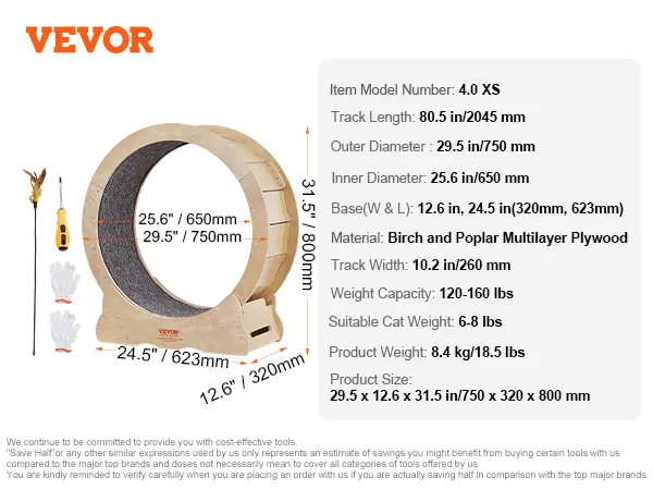 VEVOR cat exercise wheel specifications with dimensions and accessory visuals. material: birch and poplar plywood.