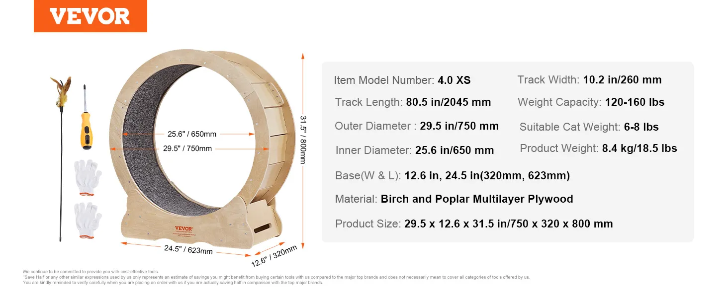 VEVOR cat exercise wheel specifications with dimensions and accessory visuals. material: birch and poplar plywood.