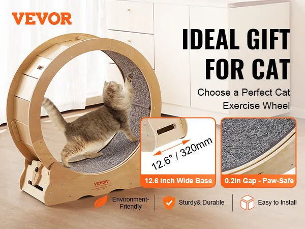 VEVOR cat exercise wheel made of solid wood and paw-safe design, featuring a wide base for stability.