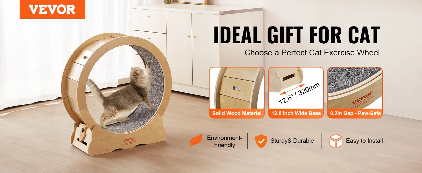 VEVOR cat exercise wheel made of solid wood and paw-safe design, featuring a wide base for stability.