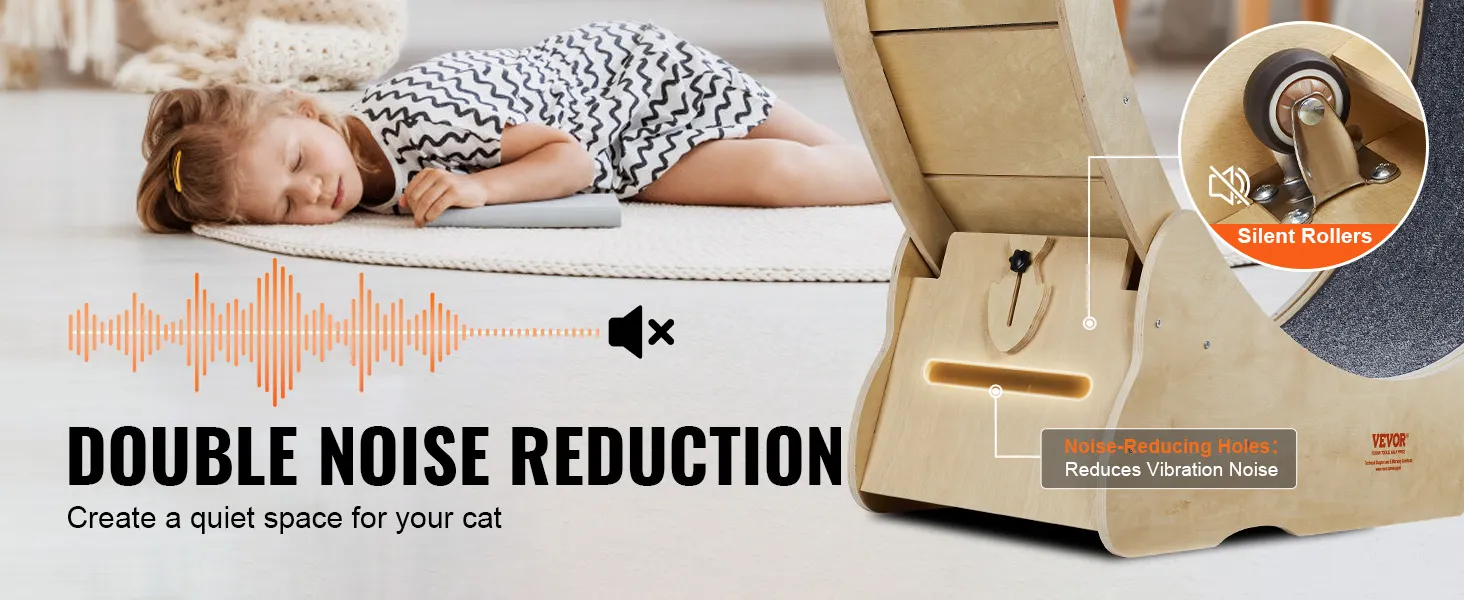 VEVOR cat exercise wheel with silent rollers and noise-reducing holes for a quiet cat space.
