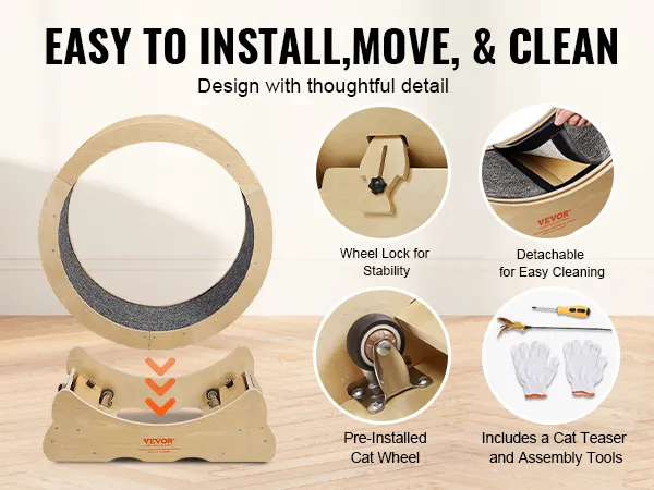 VEVOR cat exercise wheel, easy to install, move, and clean with wheel lock, detachable parts, and accessories.