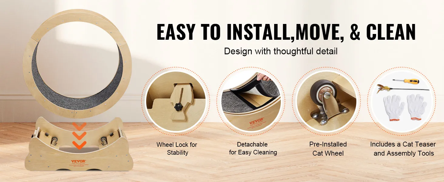 VEVOR cat exercise wheel, easy to install, move, and clean with wheel lock, detachable parts, and accessories.