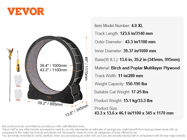 VEVOR cat exercise wheel, 4.0 xl model, birch and poplar, 123.6" track length, 15.1 kg weight.